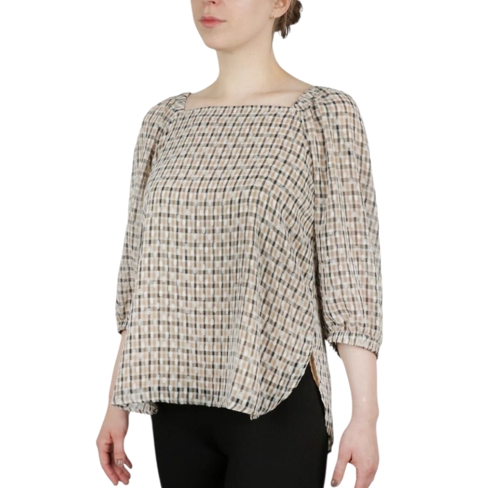 Ann Klein Plaid Popover With Side Slits In Bisqueware Light Coffee Combo - Picture 2 of 12